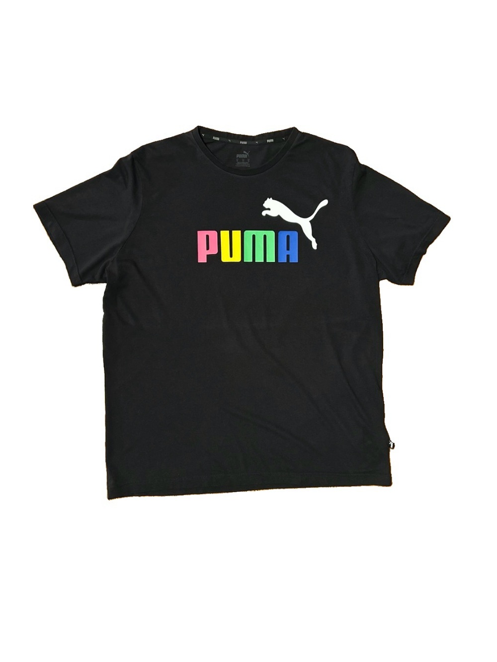 Puma Rainbow Logo T-Shirt Black Multicolor PUMA Letters White Cat XL New